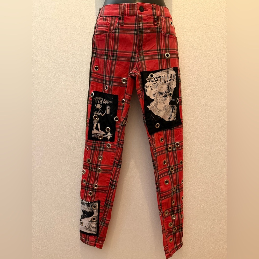 Roth 660 Custom Made Red Plaid Grunge Patched Pants Embellished With Grommets.